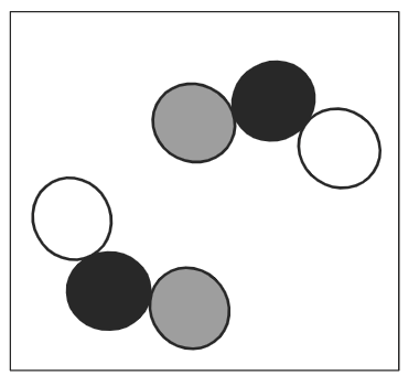 2 groups spaced apart, each containing 3 touching circles, one of which is white, one of which is black and one of which is grey